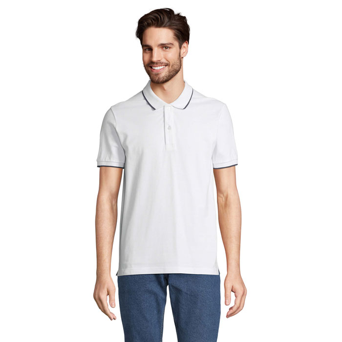 Polo personnalisé unisexe à liserés contrastés Palermo Blanc /French Marine